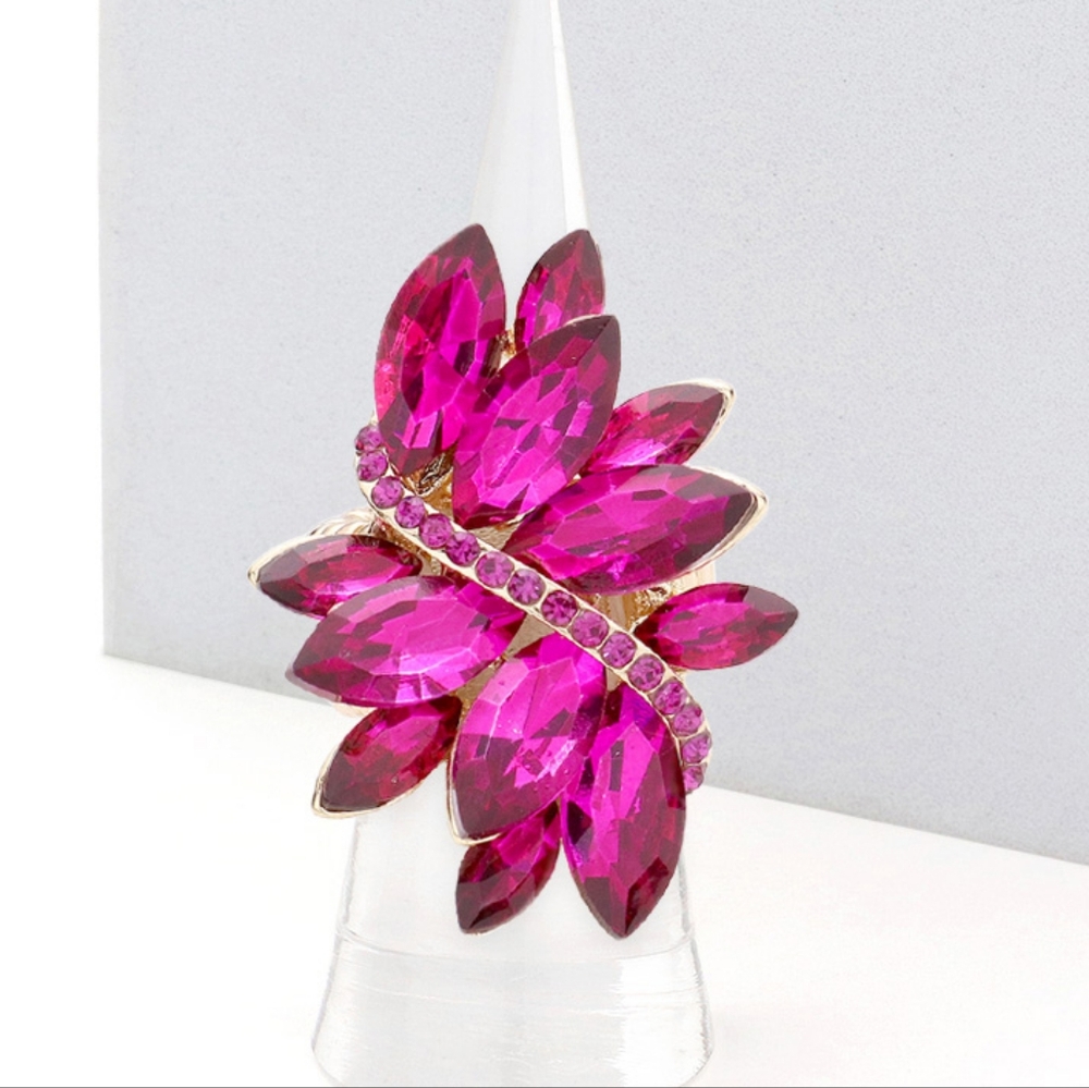 Gold Pink Crystal Stretch Marquise Fashion Ring Rhinestone Finger Adjustable